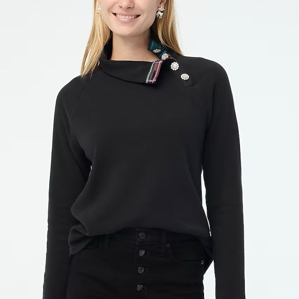 NWT J CREW Factory Tartan wide jeweled button-neck pullover sweatshirt in black